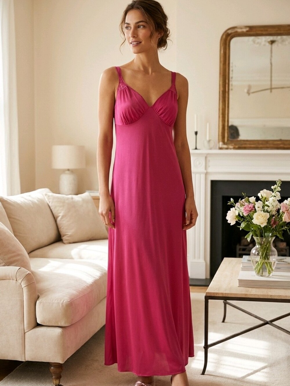 VTG Vanity Fair Nightgown Womens Fuschia Pink Nylon Negligee Sz 34